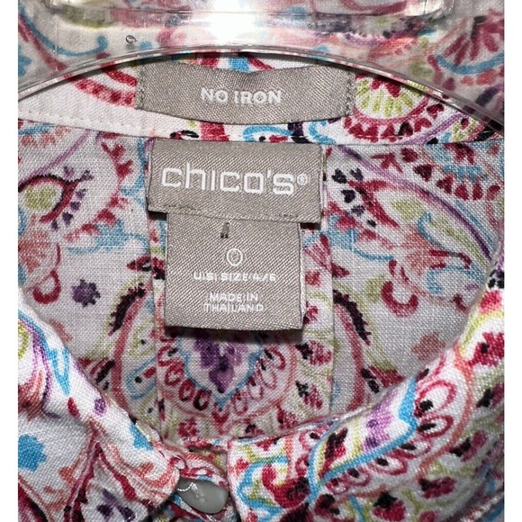 Chicos Linen 3/4 Sleeve No Iron Button Down Shirt Tunic Size 0 (4/6) S Paisley - Picture 4 of 5